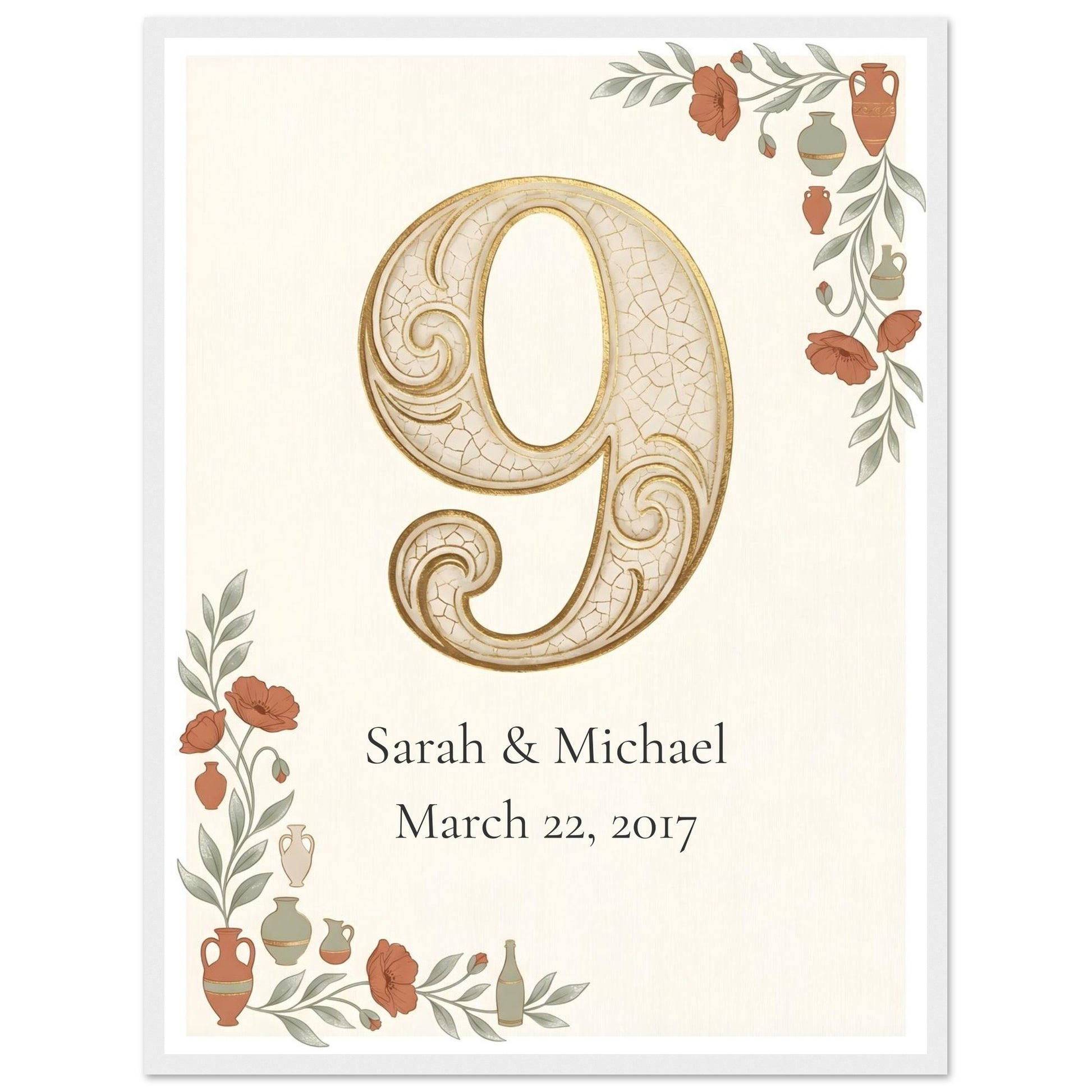 Personalized 9th Anniversary Wall Art - 45x60 cm / 18x24″ - White frame / Ready-to-hang - Sparkycare