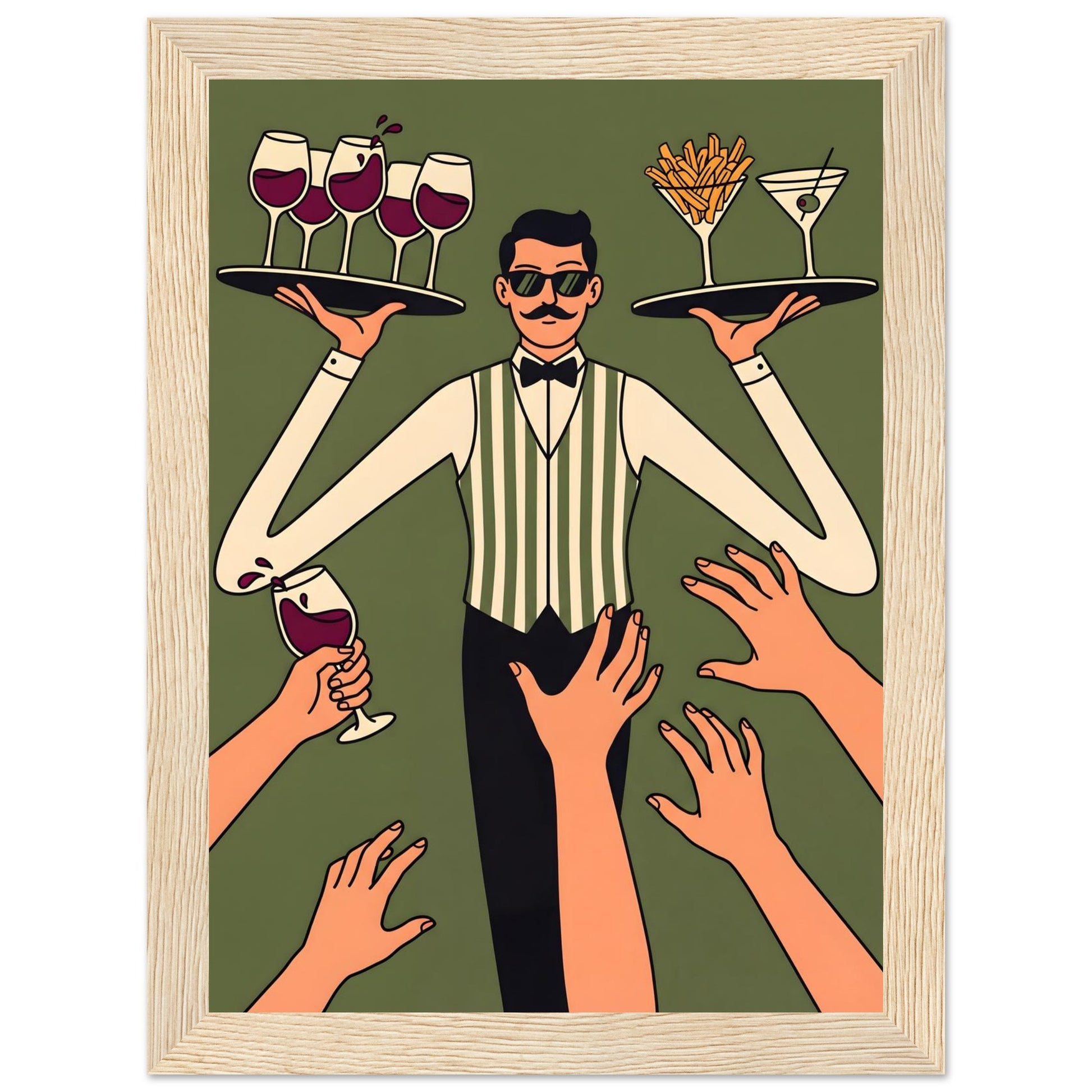 Retro Waiter Bar Art, Framed Server Wall Decor - 20x25 cm / 8x10″ - White frame / Ready-to-hang - Sparkycare