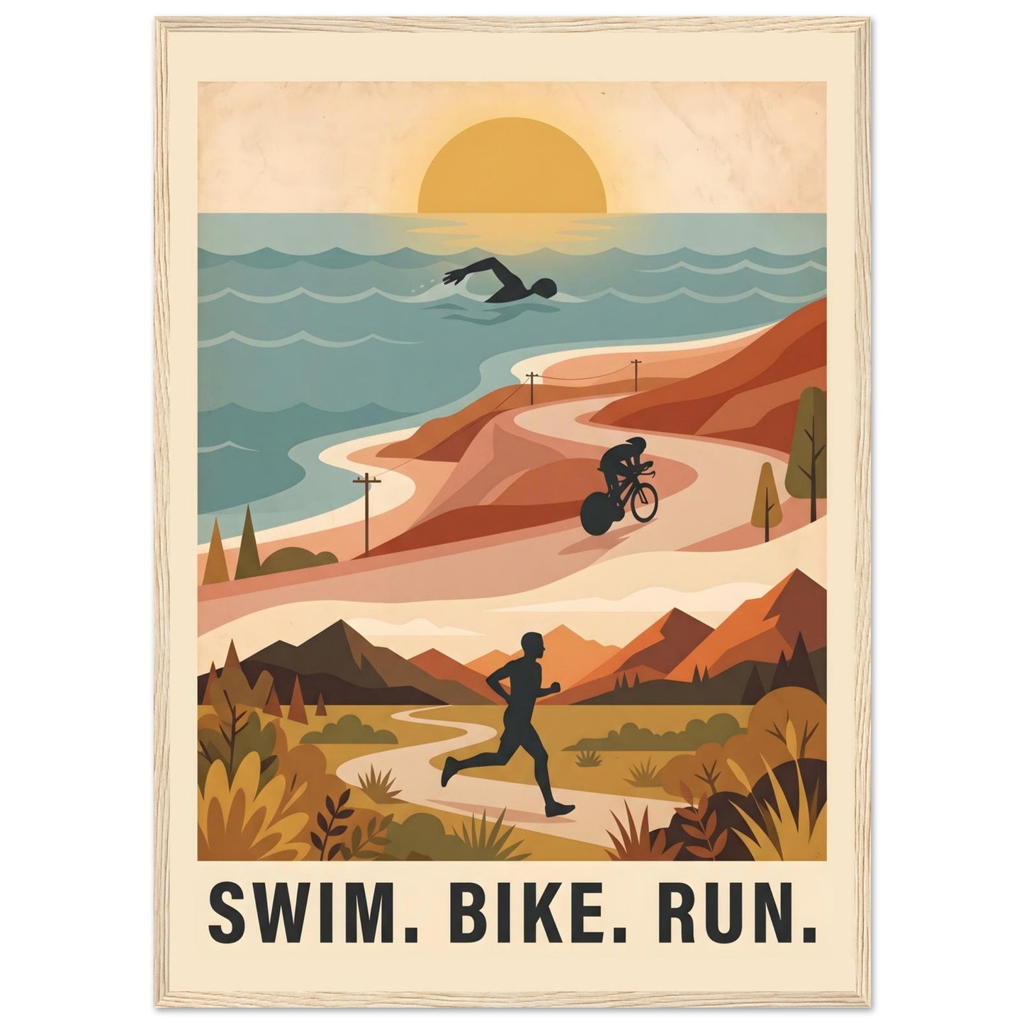 Triathlon Poster: Retro Swim Bike Run Framed Wall Art - 50x70 cm / 20x28″ - Wood frame / Ready-to-hang - Sparkycare