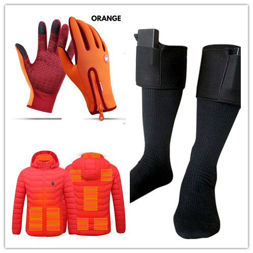 Orange gloves, black socks, and jacket with orange accents on a white background