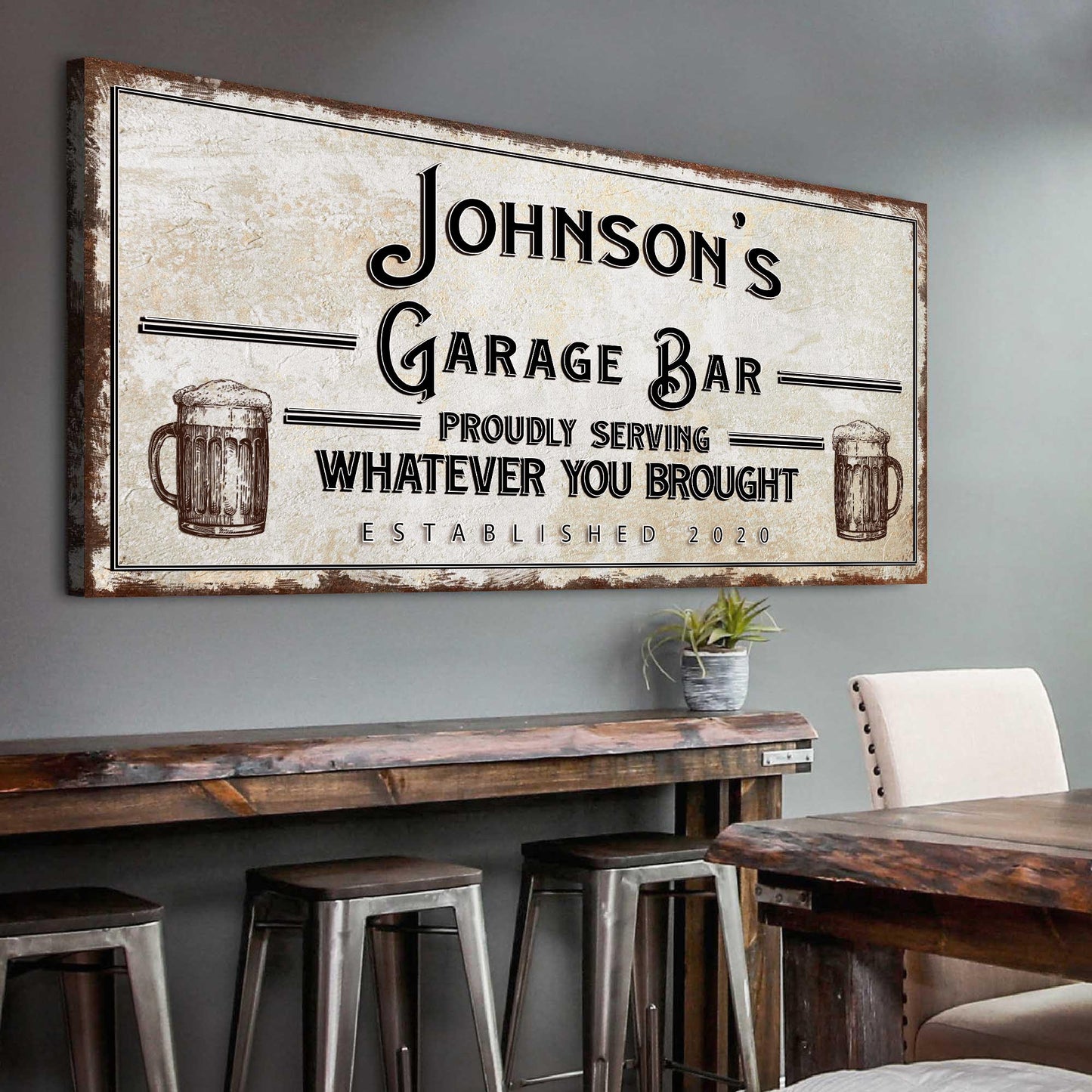 Personalized garage bar rustic canvas wall sign