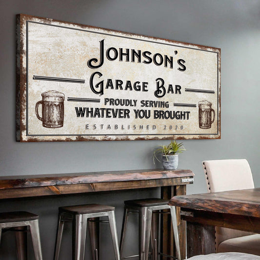 Personalized garage bar rustic canvas wall sign