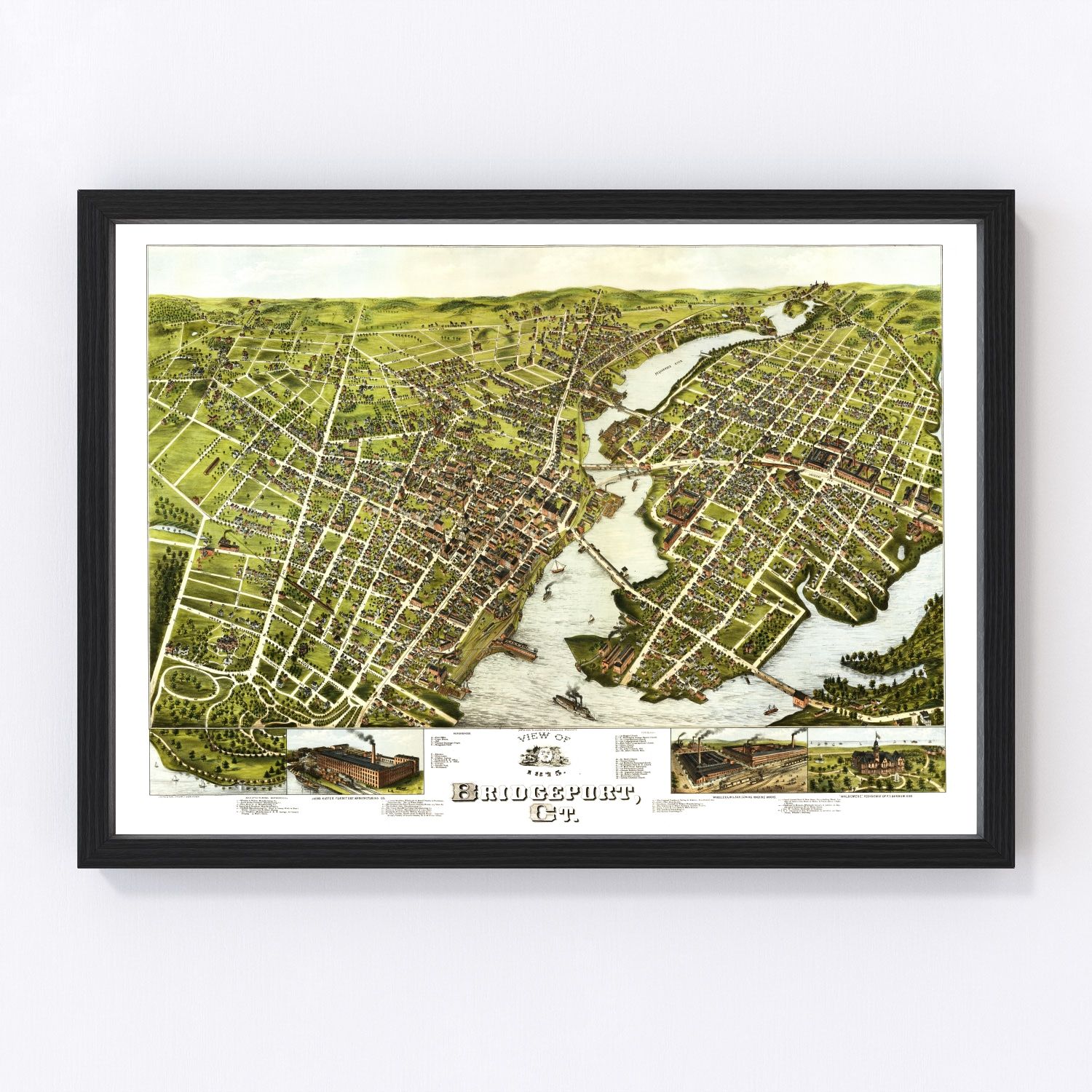 vintage map of Bridgeport Connecticut, 1875, restored print wall art