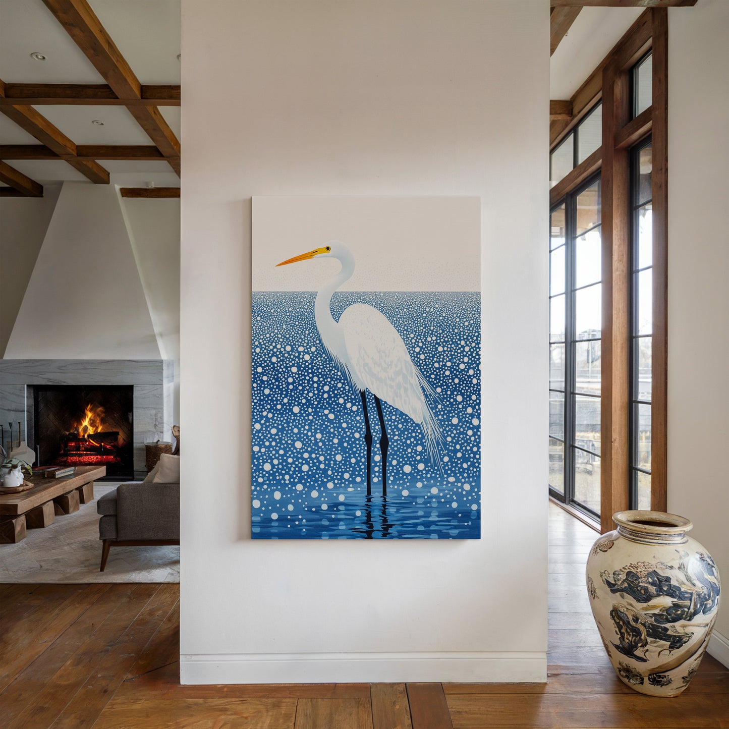 White Egret in Snowfall - Minimalist Bird Wall Art