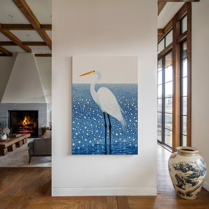 White Egret in Snowfall - Minimalist Bird Wall Art