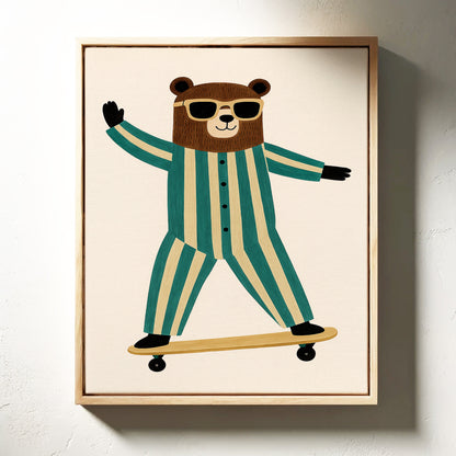 Cool Bear on Skateboard Retro Kids Wall Art