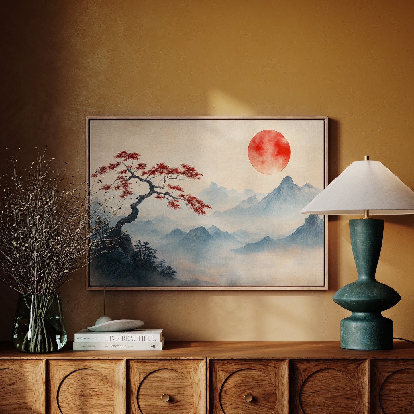 Japanese Red Sun and Bonsai Mountain Wall Art Print