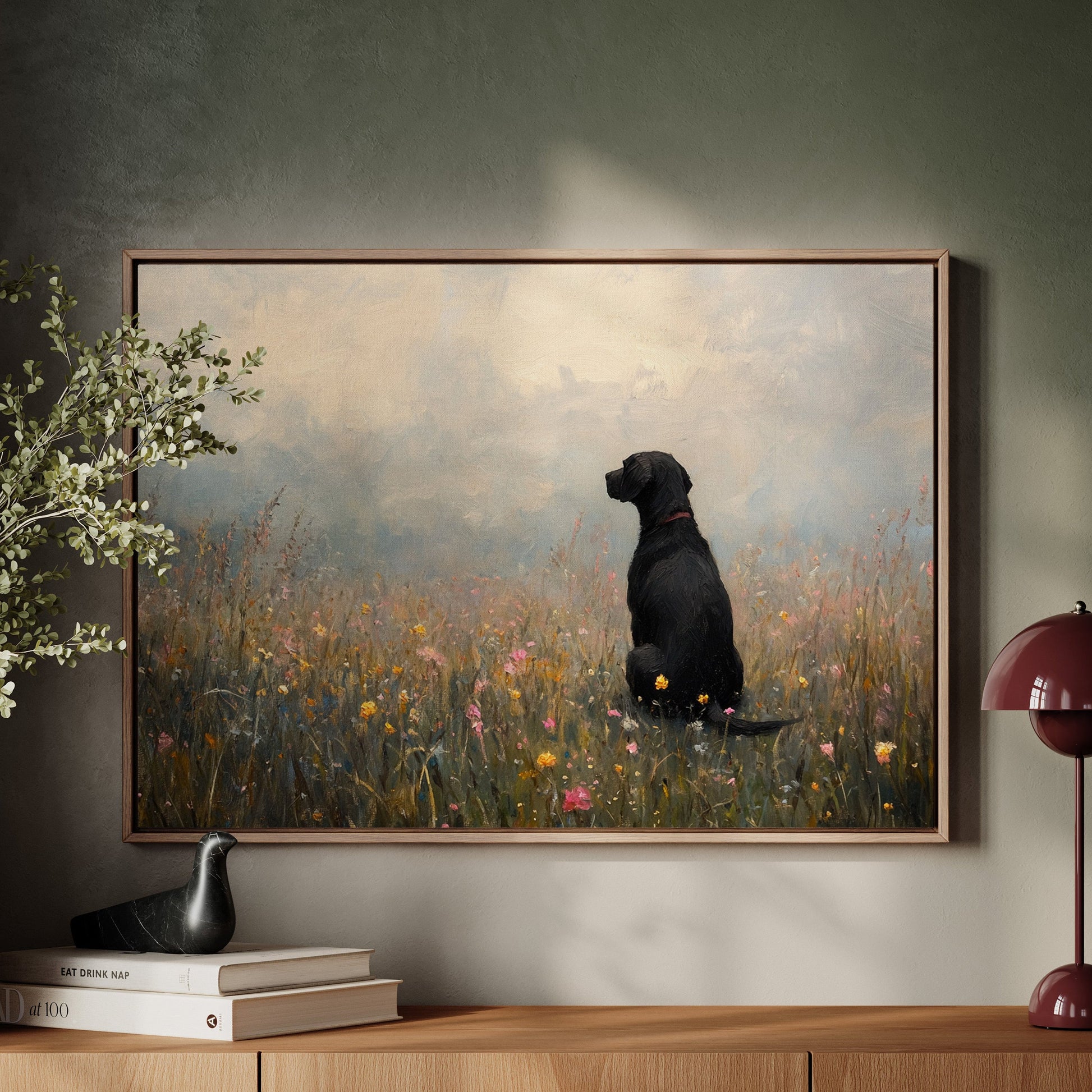 Black Labrador in a wildflower field rustic dog art print
