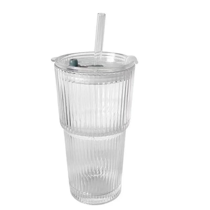 600ml clear glass tumbler with vertical ribbed texture and leak-proof lid

