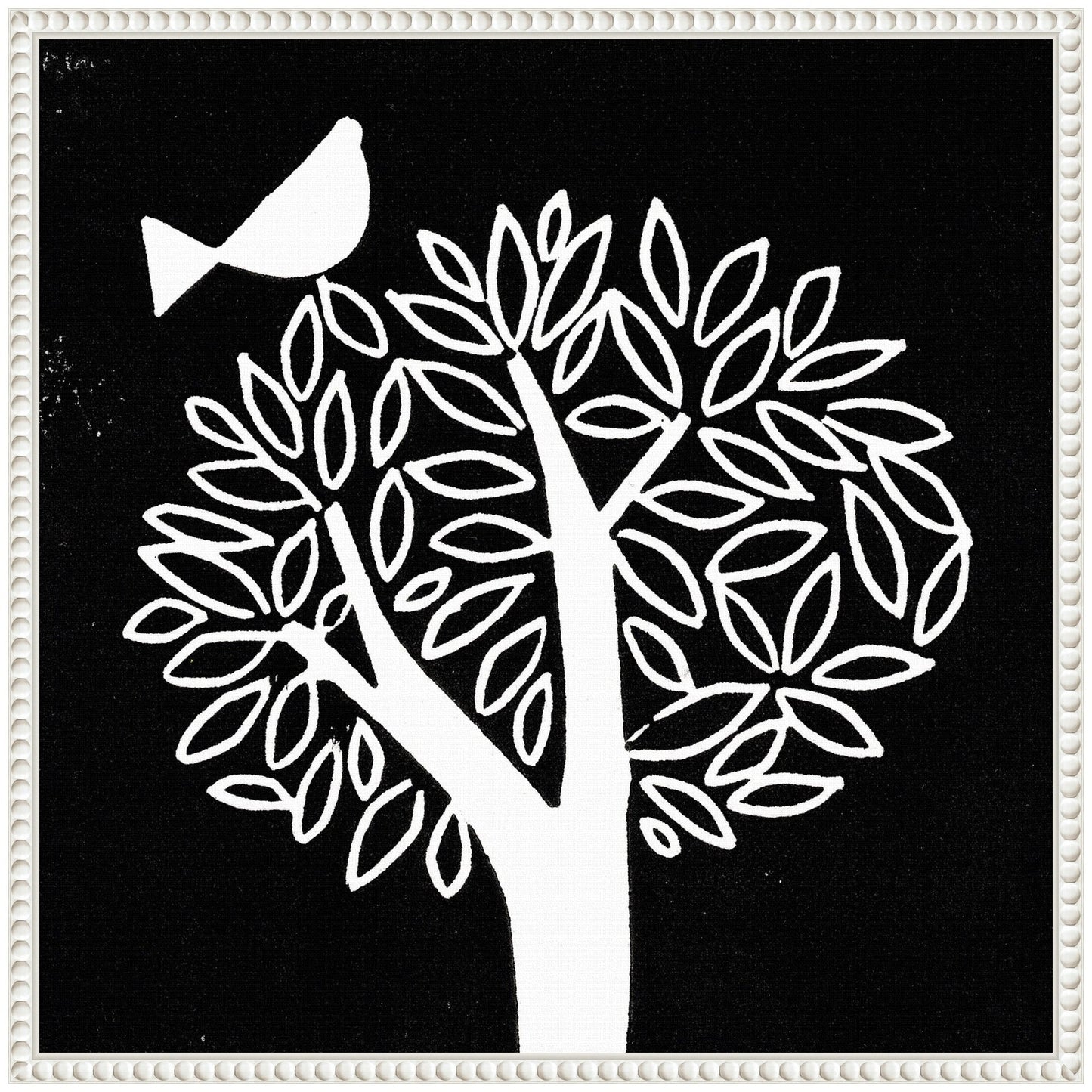 Black and White Bird Tree Linocut Framed Canvas Wall Art