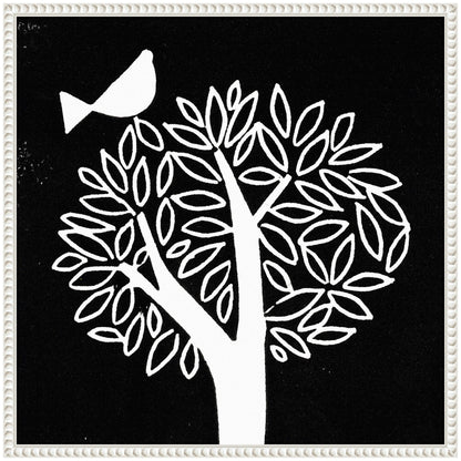 Black and White Bird Tree Linocut Framed Canvas Wall Art