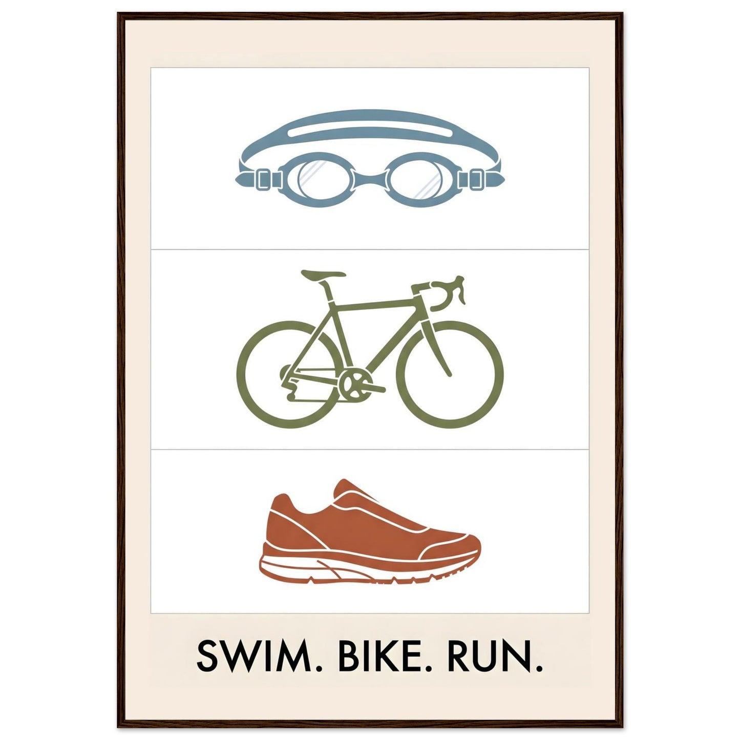 Swim Bike Run Poster: Minimalist Triathlon Icons Wall Art - 70x100 cm / 28x40″ - Dark wood frame / Ready-to-hang - Sparkycare