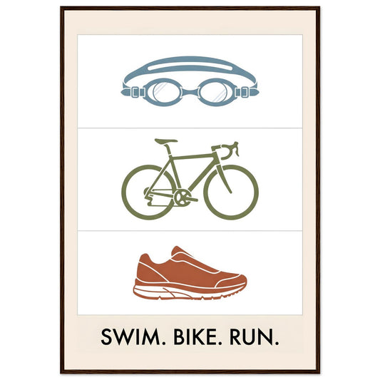 Swim Bike Run Poster: Minimalist Triathlon Icons Wall Art - 70x100 cm / 28x40″ - Dark wood frame / Ready-to-hang - Sparkycare