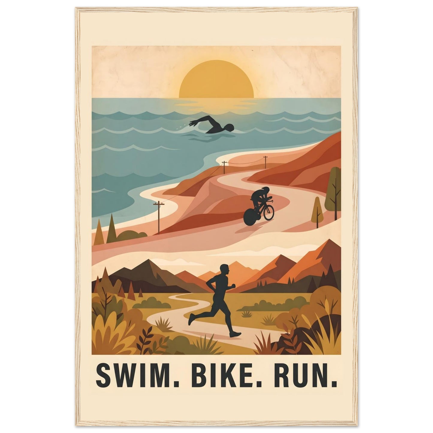 Triathlon Poster: Retro Swim Bike Run Framed Wall Art - 60x90 cm / 24x36″ - Wood frame / Ready-to-hang - Sparkycare