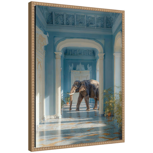 Elephant strolling through the blue wing framed canvas wall art