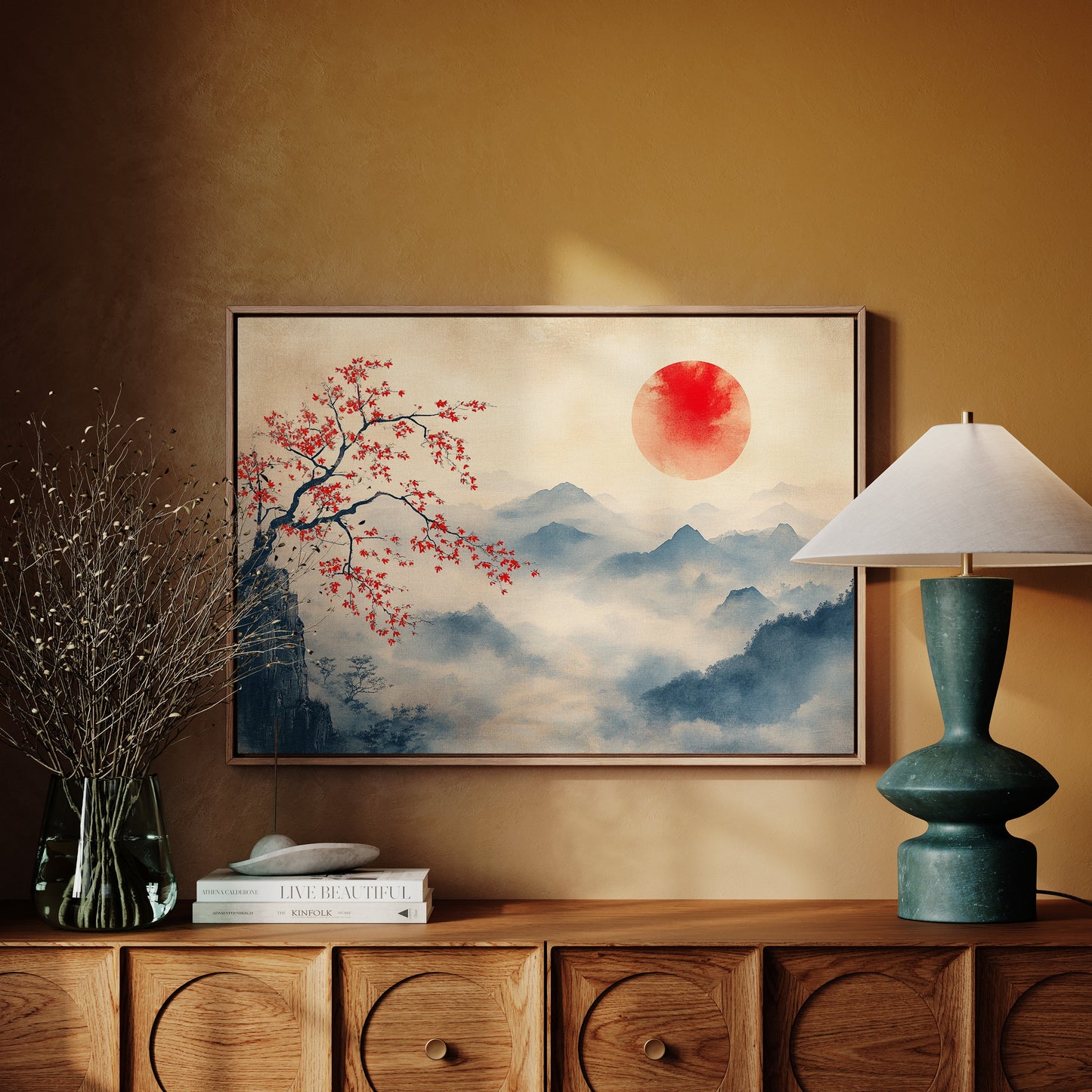 Japanese Red Sun and Misty Mountain Wall Art Print