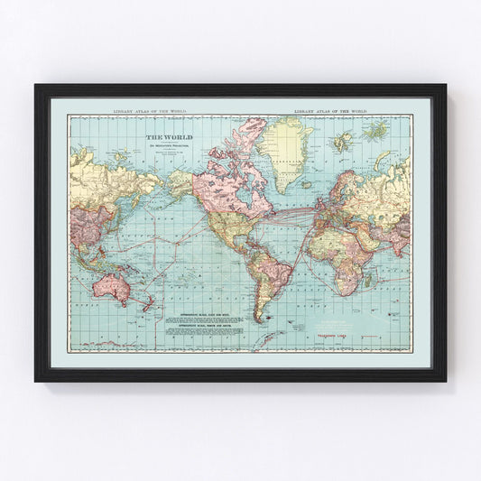 Vintage 1912 world map showing colonial territories and British Empire, restored print
