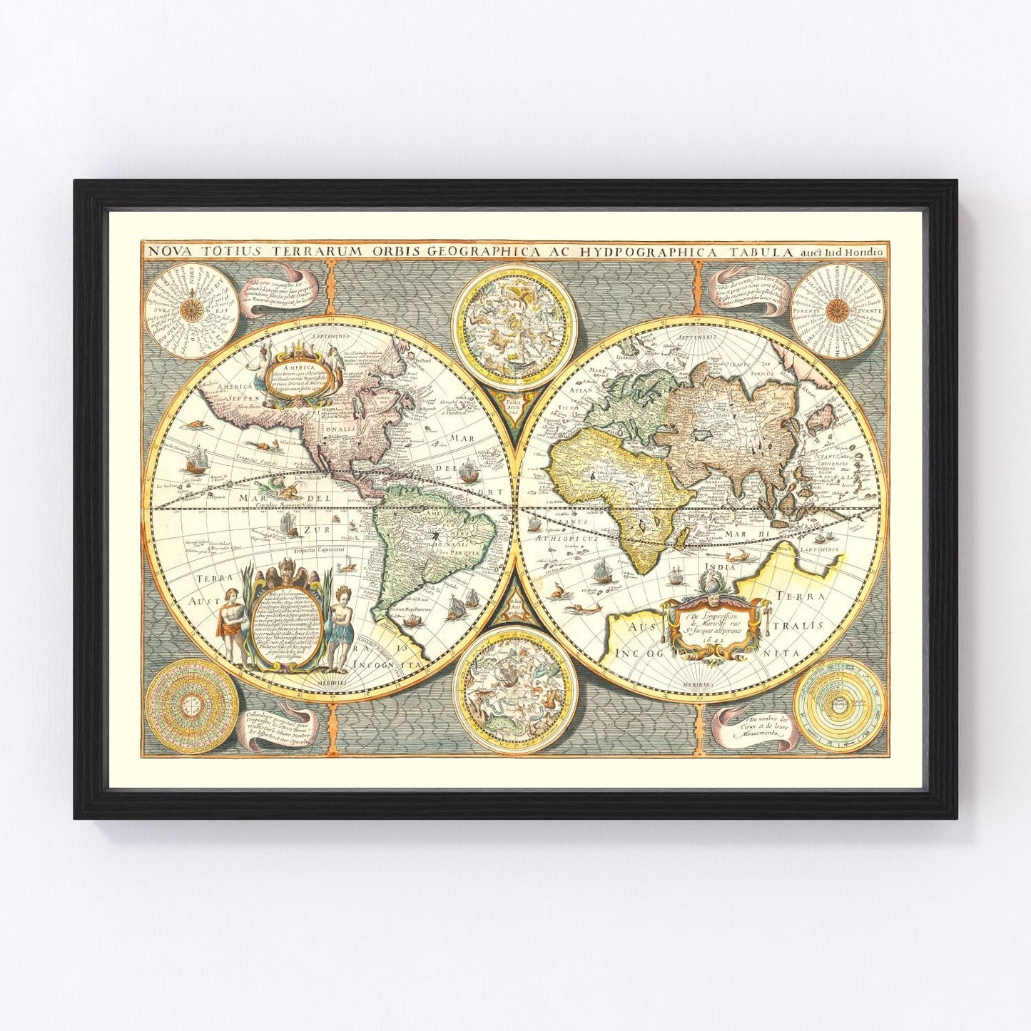Vintage world map 1642 with 17th century cartographic detail, restored print