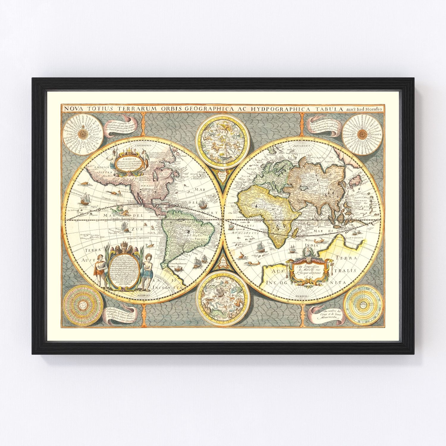 Vintage world map 1642 with 17th century cartographic detail, restored print