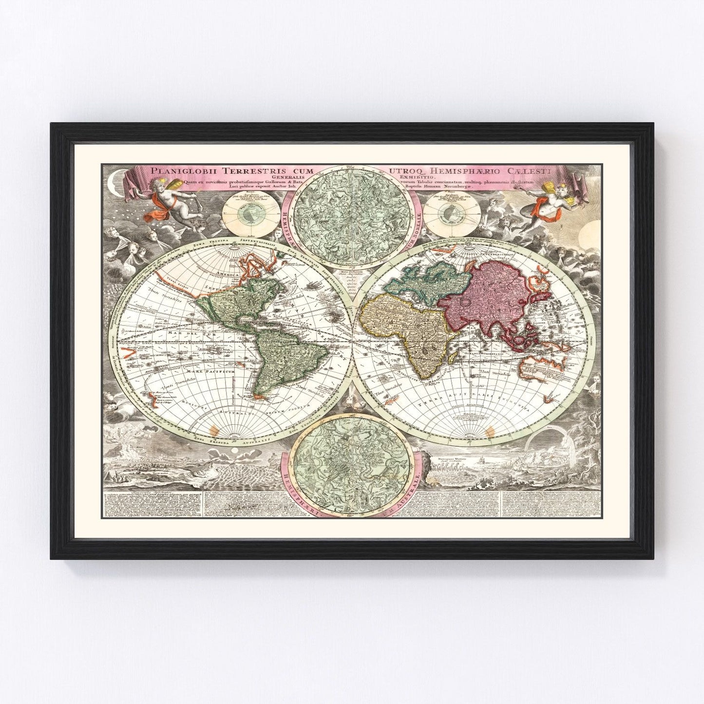 Vintage 1716 world map with classical cartouche decoration and Age of Sail geography, restored print