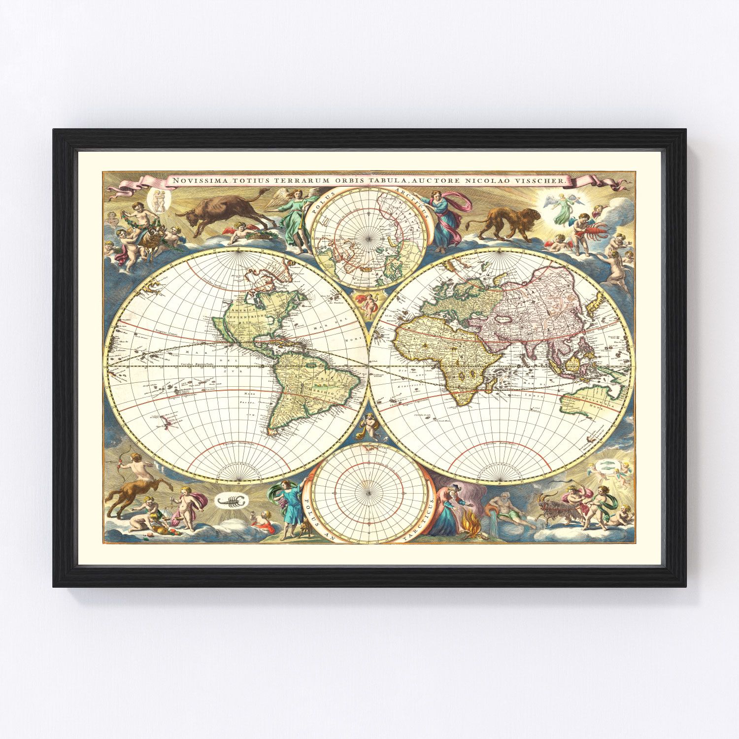 Vintage 1690 world map with baroque cartouche borders and illustrated allegories, restored print