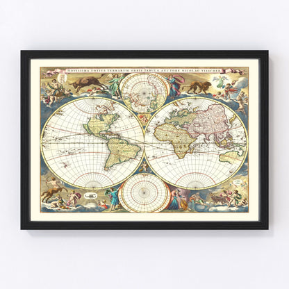 Vintage 1690 world map with baroque cartouche borders and illustrated allegories, restored print