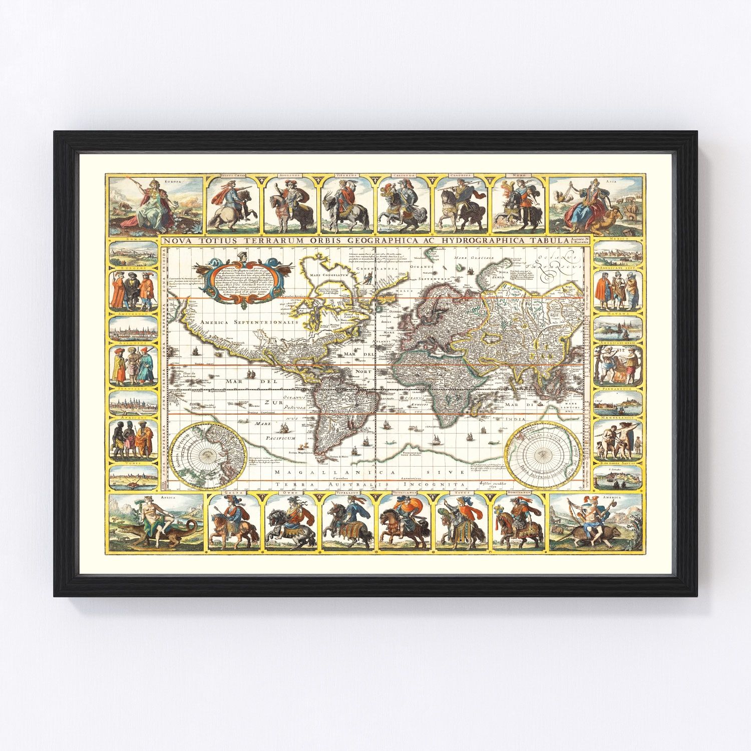 Vintage world map 1652 in Dutch Golden Age cartographic style, restored print