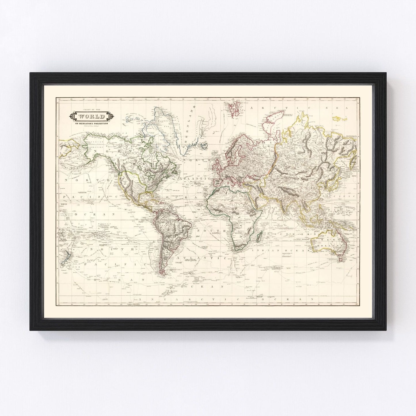 Vintage 1841 early Victorian world map with engraved cartography and mountain ranges, restored print