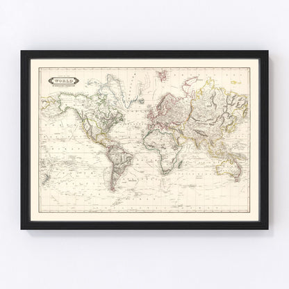 Vintage 1841 early Victorian world map with engraved cartography and mountain ranges, restored print