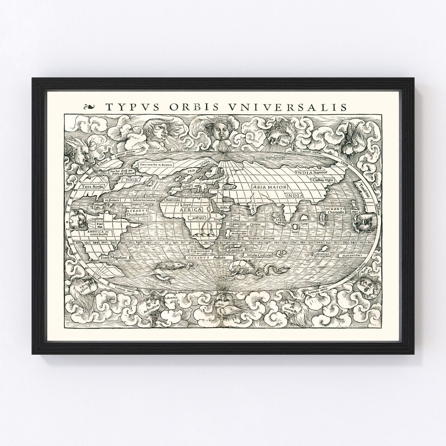 Vintage world map 1540 from the Age of Exploration, Renaissance cartography restored print