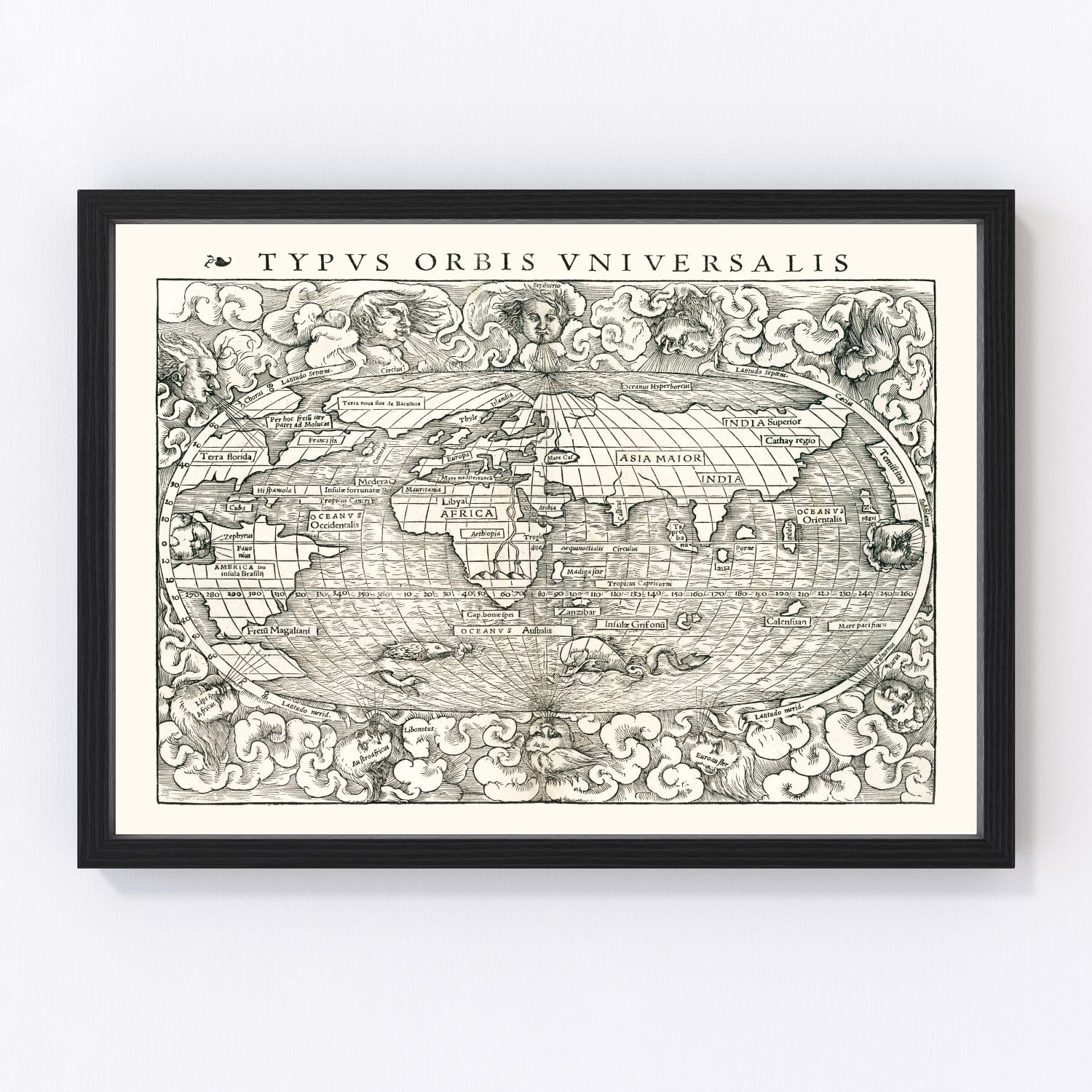 Vintage world map 1540 from the Age of Exploration, Renaissance cartography restored print