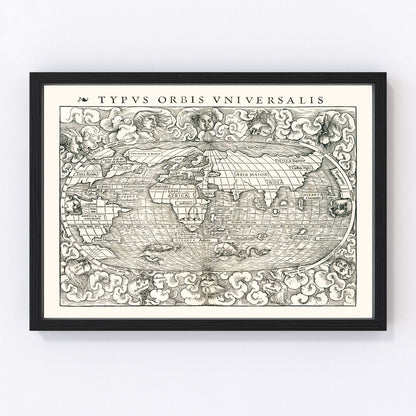 Vintage world map 1540 from the Age of Exploration, Renaissance cartography restored print