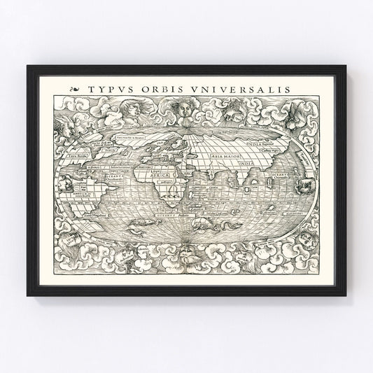 Vintage world map 1540 from the Age of Exploration, Renaissance cartography restored print