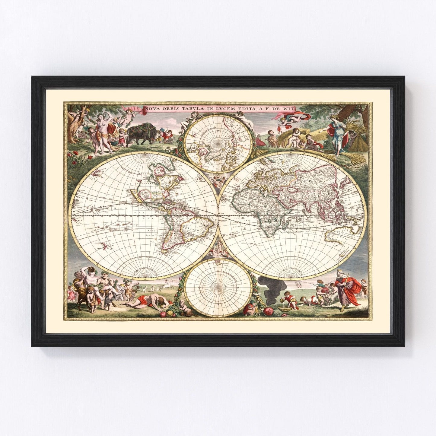 Vintage 1682 world map with ornate baroque cartouche and illustrated sea life, restored print