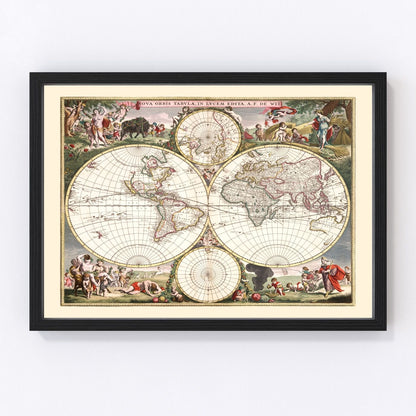Vintage 1682 world map with ornate baroque cartouche and illustrated sea life, restored print