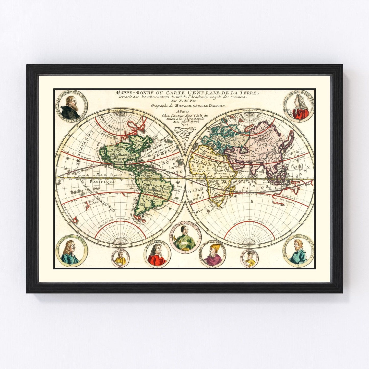 Vintage 1717 world map with ornate cartouche borders and illustrated sea creatures, restored print