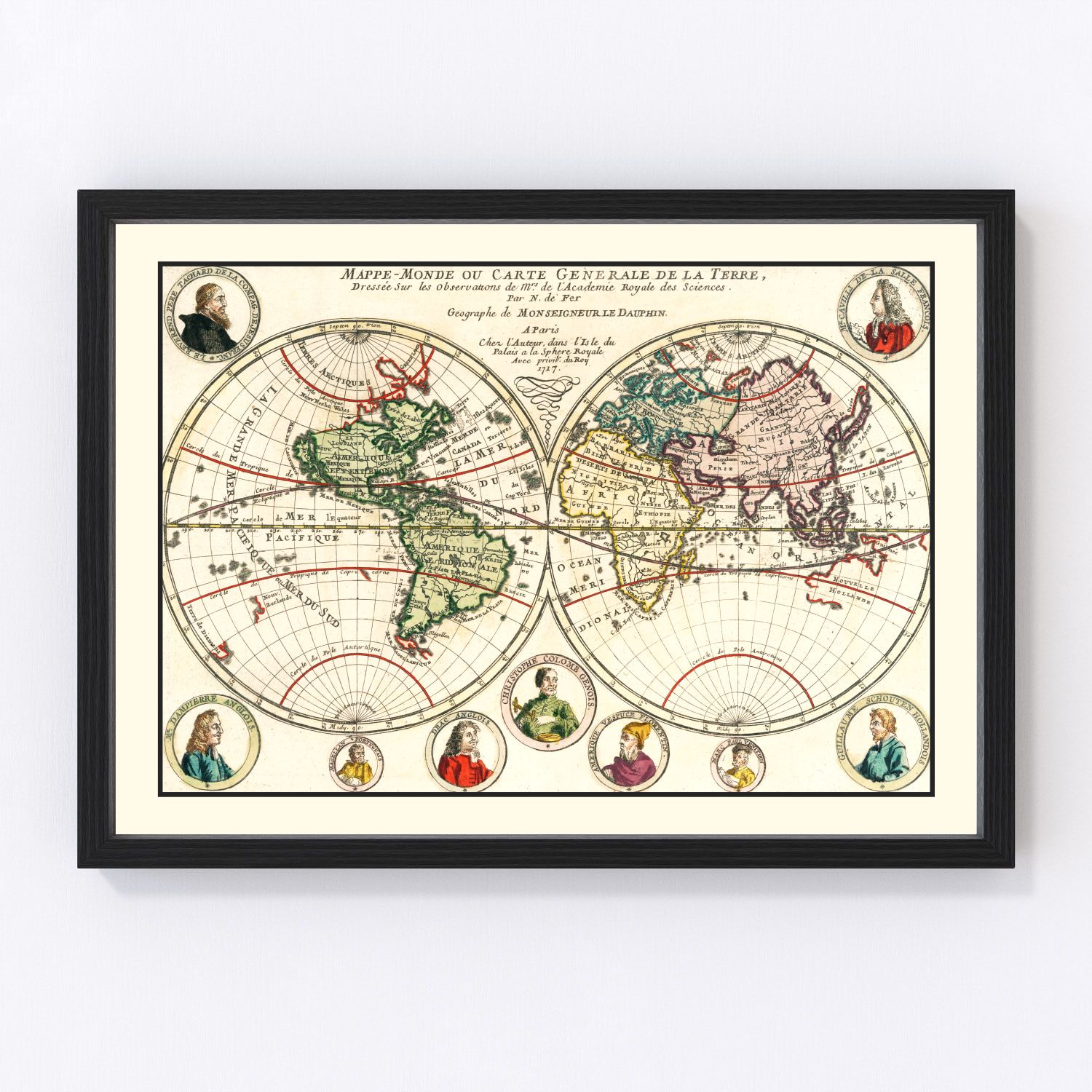 Vintage 1717 world map with ornate cartouche borders and illustrated sea creatures, restored print