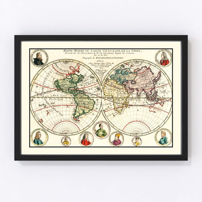 Vintage 1717 world map with ornate cartouche borders and illustrated sea creatures, restored print