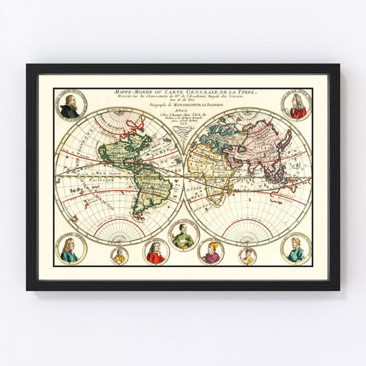Vintage 1717 world map with ornate cartouche borders and illustrated sea creatures, restored print