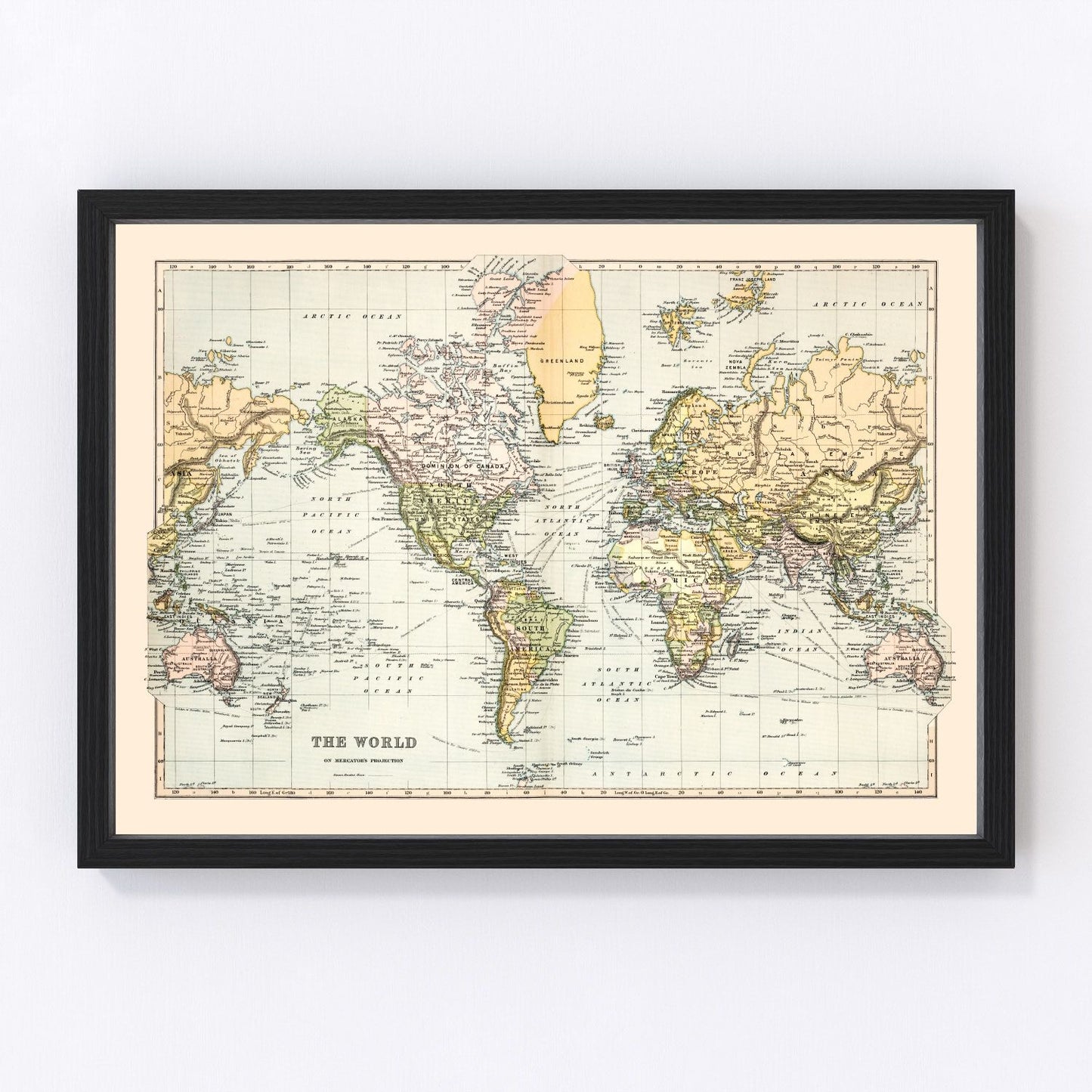 Vintage 1892 Victorian-era world map with colonial empires and explorers routes, restored print