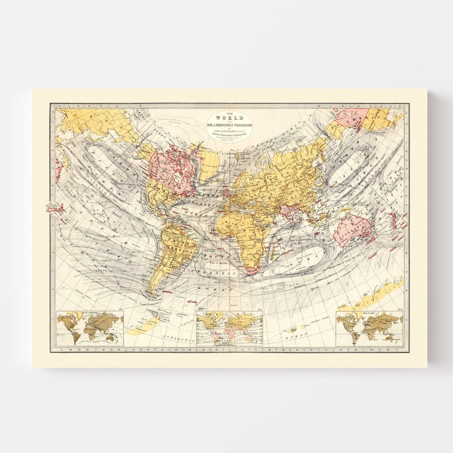 Vintage World Map, Sir John Herschel's Projection, 1871