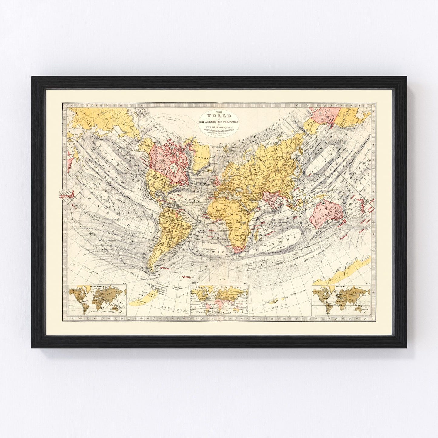 Vintage world map 1871 using Sir John Herschel's unique cartographic projection, restored print