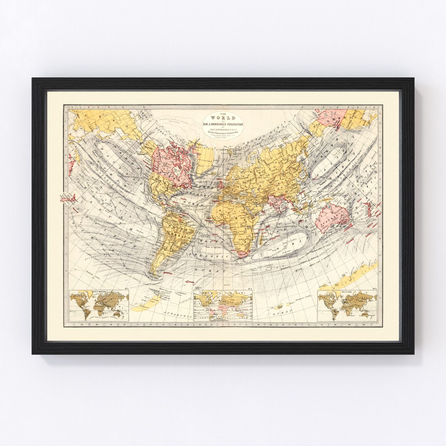 Vintage world map 1871 using Sir John Herschel's unique cartographic projection, restored print