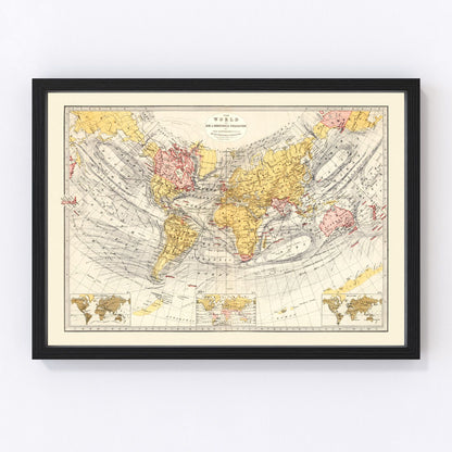 Vintage world map 1871 using Sir John Herschel's unique cartographic projection, restored print