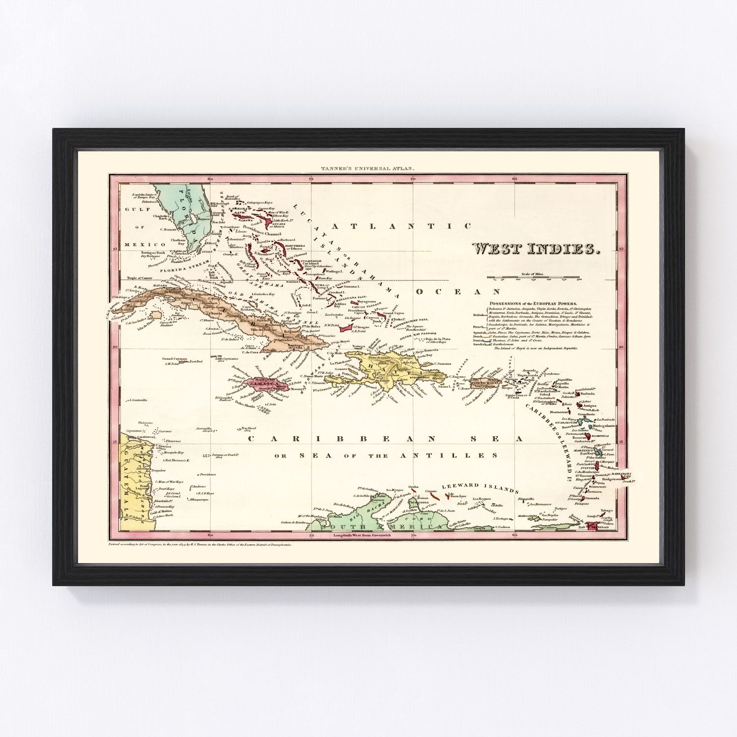 Vintage map of the West Indies, 1834, Caribbean colonial territories and seas