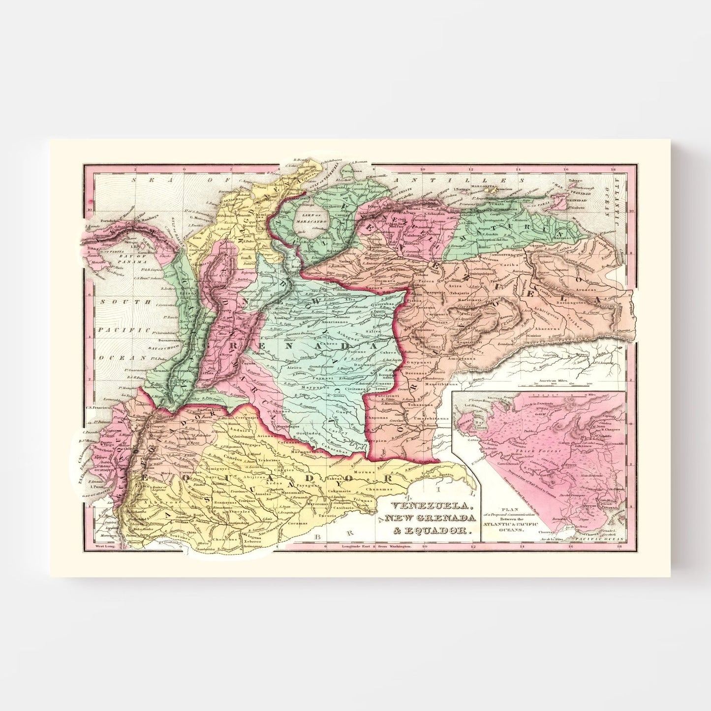 Vintage Map of Colombia, Venezuela and Ecuador, 1842