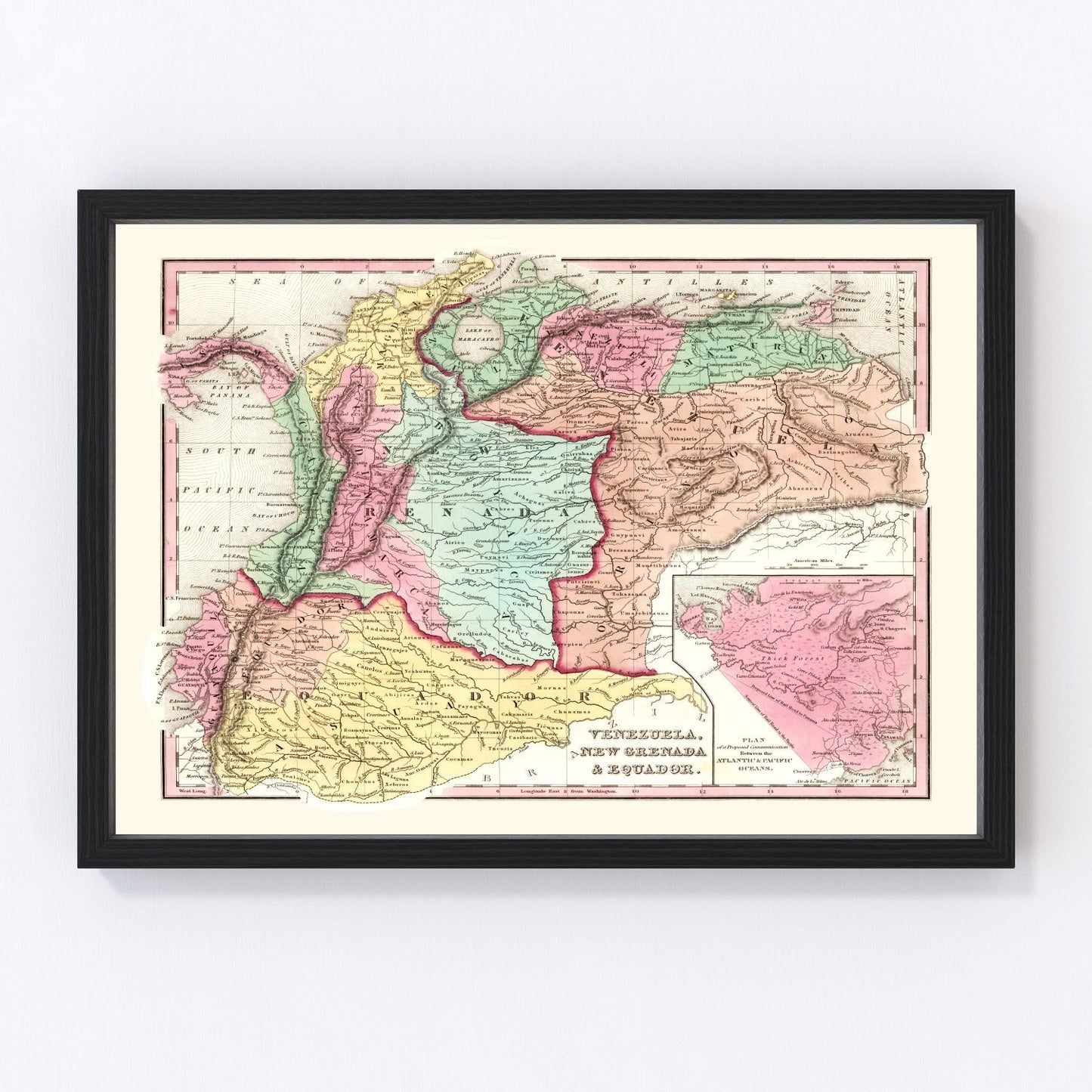 vintage map of Colombia, Venezuela and Ecuador, 1842