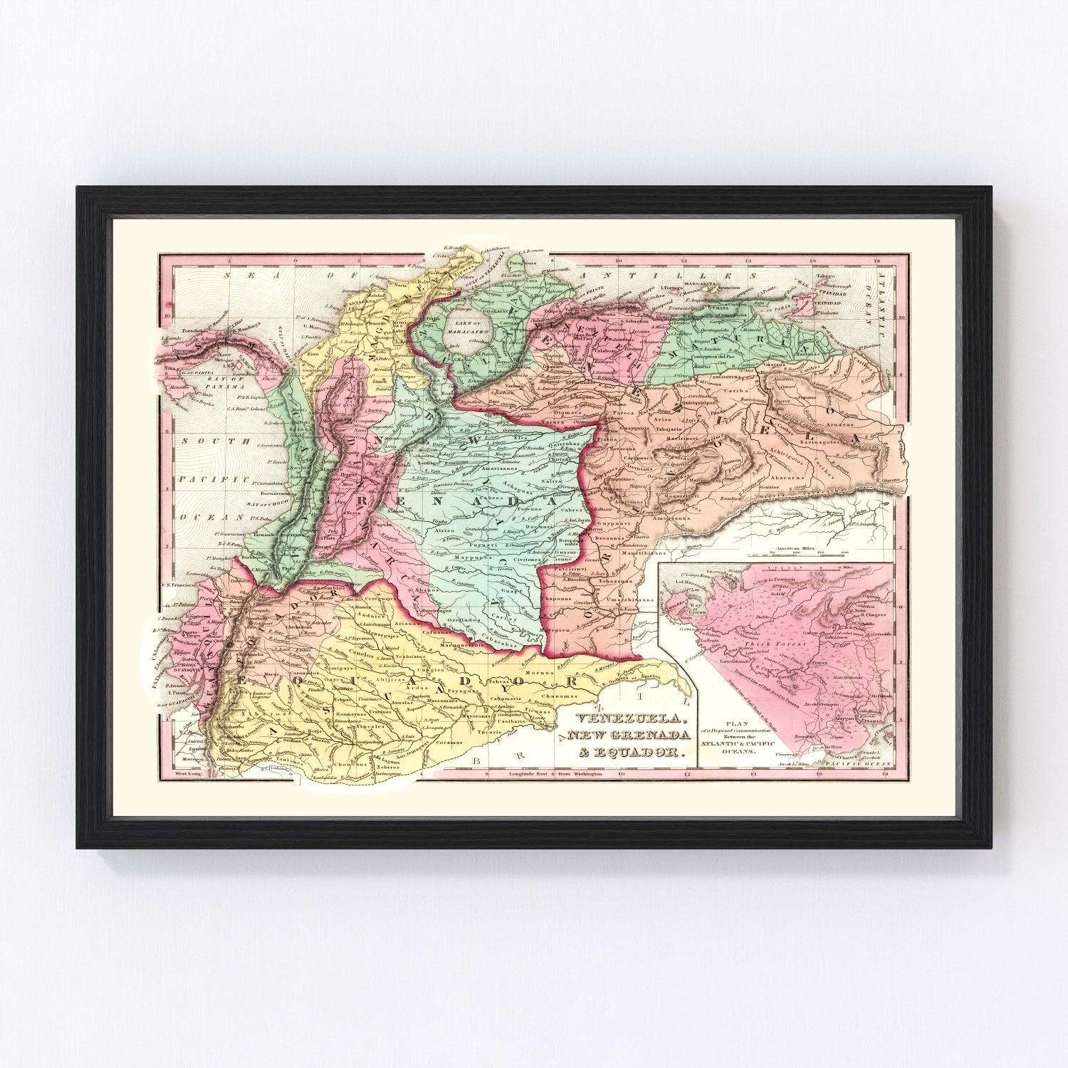vintage map of Colombia, Venezuela and Ecuador, 1842