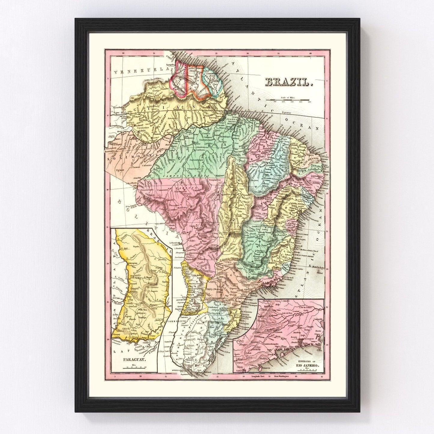 vintage map of Brazil, 1842, restored print wall art
