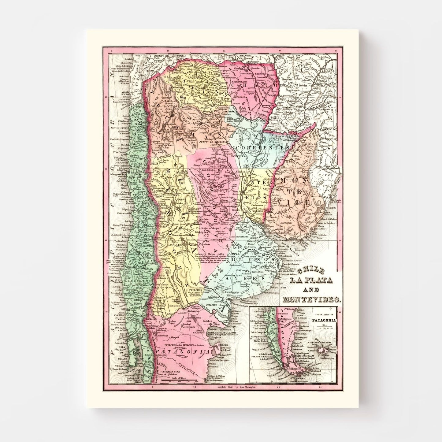 Vintage Map of Chile, Argentina and Uruguay, 1842